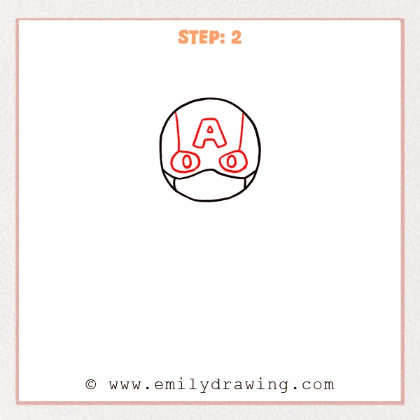 how to draw a captain america - Captain America head sketch with an “A” on the forehead, mask outline, oval eye openings, and vertical helmet panel lines.